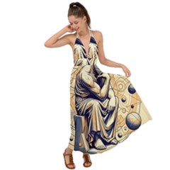 Thinker Sculpture Design Geometric Backless Maxi Beach Dress