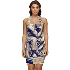 Thinker Sculpture Design Geometric Sleeveless Wide Square Neckline Ruched Bodycon Dress