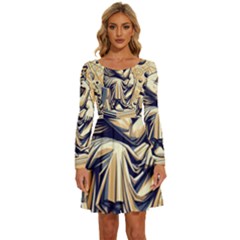 Thinker Sculpture Design Geometric Long Sleeve Wide Neck Velvet Dress