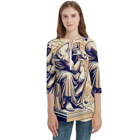 Thinker Sculpture Design Geometric Women s Zip Front V-neck 3/4 Sleeve Casual Top Pocket Shirt by Salmanaz77