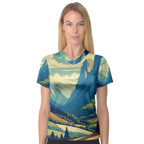 Mountains Nature Forest Landscape V-neck Sport Mesh T-shirt by Salmanaz77