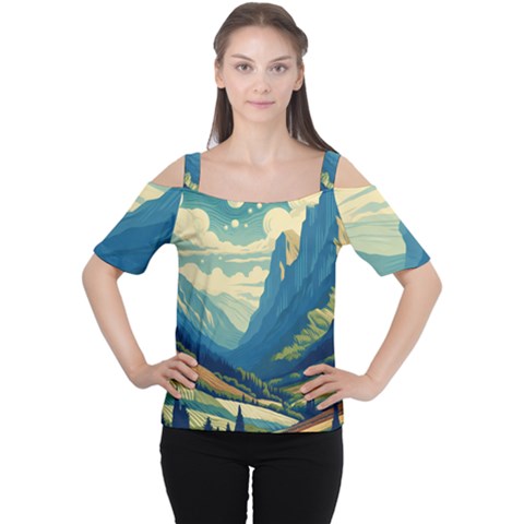 Mountains Nature Forest Landscape Cutout Shoulder T-shirt by Salmanaz77