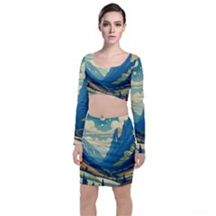 Mountains Nature Forest Landscape Long Sleeve Crop Top & Bodycon Skirt Set by Salmanaz77