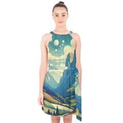 Mountains Nature Forest Landscape Halter Collar Waist Tie Chiffon Dress