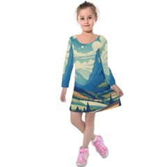 Mountains Nature Forest Landscape Kids  Long Sleeve Velvet Dress