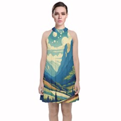 Mountains Nature Forest Landscape Velvet Halter Neckline Dress  by Salmanaz77