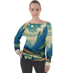 Mountains Nature Forest Landscape Off Shoulder Long Sleeve Velour Top