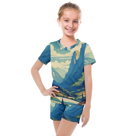 Mountains Nature Forest Landscape Kids  Mesh T-shirt And Shorts Set by Salmanaz77