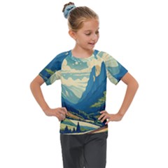 Mountains Nature Forest Landscape Kids  Mesh Piece T-shirt