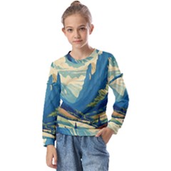 Mountains Nature Forest Landscape Kids  Long Sleeve T-shirt With Frill 