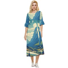 Mountains Nature Forest Landscape Double Cuff Midi Dress