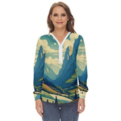 Mountains Nature Forest Landscape Zip Up Long Sleeve Blouse