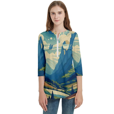 Mountains Nature Forest Landscape Women s Zip Front V-neck 3/4 Sleeve Casual Top Pocket Shirt by Salmanaz77