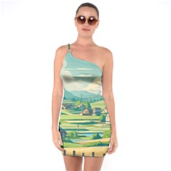 Countryside Meadow Rural Bloom One Shoulder Ring Trim Bodycon Dress