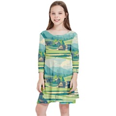 Countryside Meadow Rural Bloom Kids  Quarter Sleeve Skater Dress