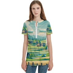 Countryside Meadow Rural Bloom Women s Zip Front V-neck Short Sleeve Casual Top Pocket Shirt