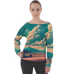 Mountains Countryside Agriculture Off Shoulder Long Sleeve Velour Top