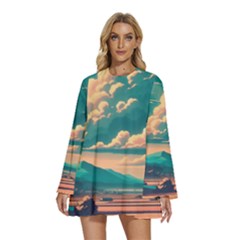 Mountains Countryside Agriculture Round Neck Long Sleeve Bohemian Style Chiffon Mini Dress