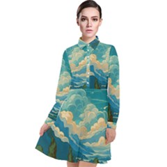 Mountains Rural Countryside Sky Long Sleeve Chiffon Shirt Dress