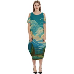 Mountains Rural Countryside Sky Cold Shoulder Loose Fit Dress With Pockets by Salmanaz77