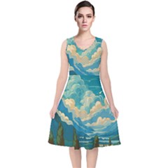 Mountains Rural Countryside Sky V-neck Midi Sleeveless Dress  by Salmanaz77