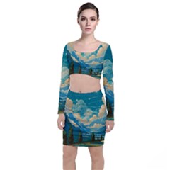 Mountains Rural Countryside Sky Long Sleeve Crop Top & Bodycon Skirt Set