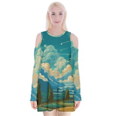 Mountains Rural Countryside Sky Velvet Long Sleeve Shoulder Cutout Dress by Salmanaz77