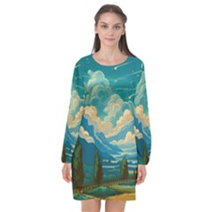 Mountains Rural Countryside Sky Long Sleeve Chiffon Shift Dress 