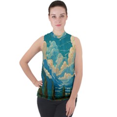 Mountains Rural Countryside Sky Mock Neck Chiffon Sleeveless Top