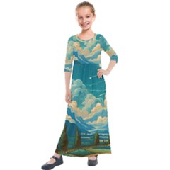 Mountains Rural Countryside Sky Kids  Quarter Sleeve Maxi Dress by Salmanaz77