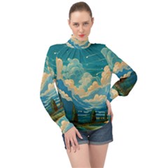 Mountains Rural Countryside Sky High Neck Long Sleeve Chiffon Top