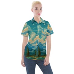 Mountains Rural Countryside Sky Women s Short Sleeve Pocket Shirt