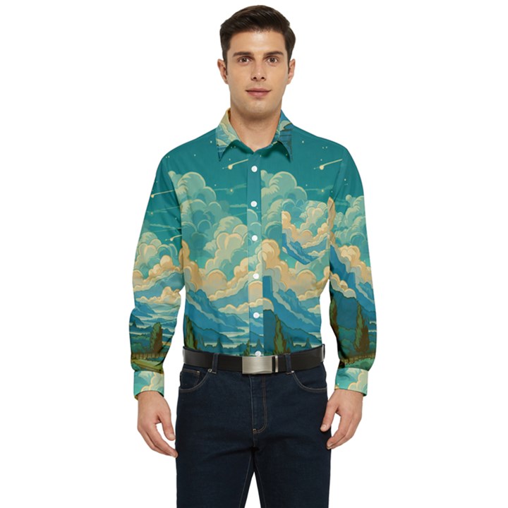 Mountains Rural Countryside Sky Men s Long Sleeve Pocket Shirt 