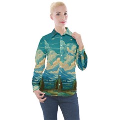 Mountains Rural Countryside Sky Women s Long Sleeve Pocket Shirt