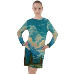 Mountains Rural Countryside Sky Long Sleeve Hoodie Dress by Salmanaz77