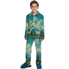 Mountains Rural Countryside Sky Kids  Long Sleeve Velvet Pajamas Set