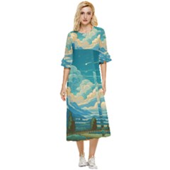 Mountains Rural Countryside Sky Double Cuff Midi Dress by Salmanaz77