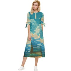 Mountains Rural Countryside Sky Bow Sleeve Chiffon Midi Dress by Salmanaz77