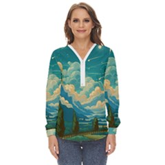 Mountains Rural Countryside Sky Zip Up Long Sleeve Blouse