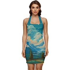 Mountains Rural Countryside Sky Sleeveless Wide Square Neckline Ruched Bodycon Dress