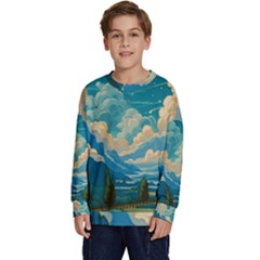 Mountains Rural Countryside Sky Kids  Crewneck Sweatshirt