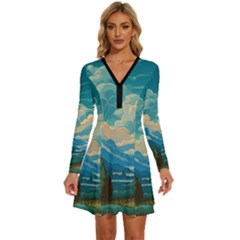 Mountains Rural Countryside Sky Long Sleeve Deep V Mini Dress  by Salmanaz77