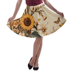 Sunflower Flowers Nature Trees A-line Skater Skirt