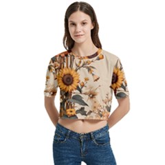 Sunflower Flowers Nature Trees Women s Round Neck Short Sleeve Crop Top