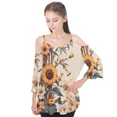 Sunflower Flowers Nature Trees Flutter Sleeve T-shirt