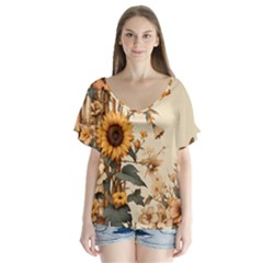 Sunflower Flowers Nature Trees V-neck Flutter Sleeve Top