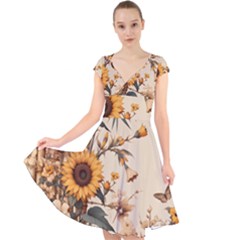 Sunflower Flowers Nature Trees Cap Sleeve Front Wrap Midi Dress