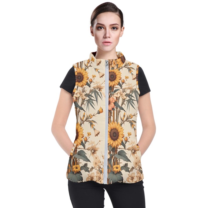 Sunflower Flowers Nature Trees Women s Puffer Vest