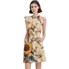 Sunflower Flowers Nature Trees Cocktail Party Halter Sleeveless Dress With Pockets by Salmanaz77