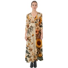 Sunflower Flowers Nature Trees Button Up Boho Maxi Dress by Salmanaz77